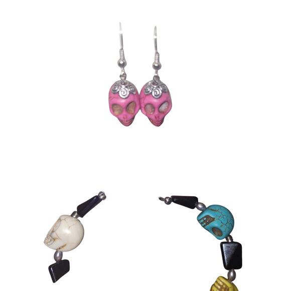 Handmade Beaded Wrap Bracelet & Earrings Colorful Rainbow Skull Set Candy Skull - Picture 3 of 4